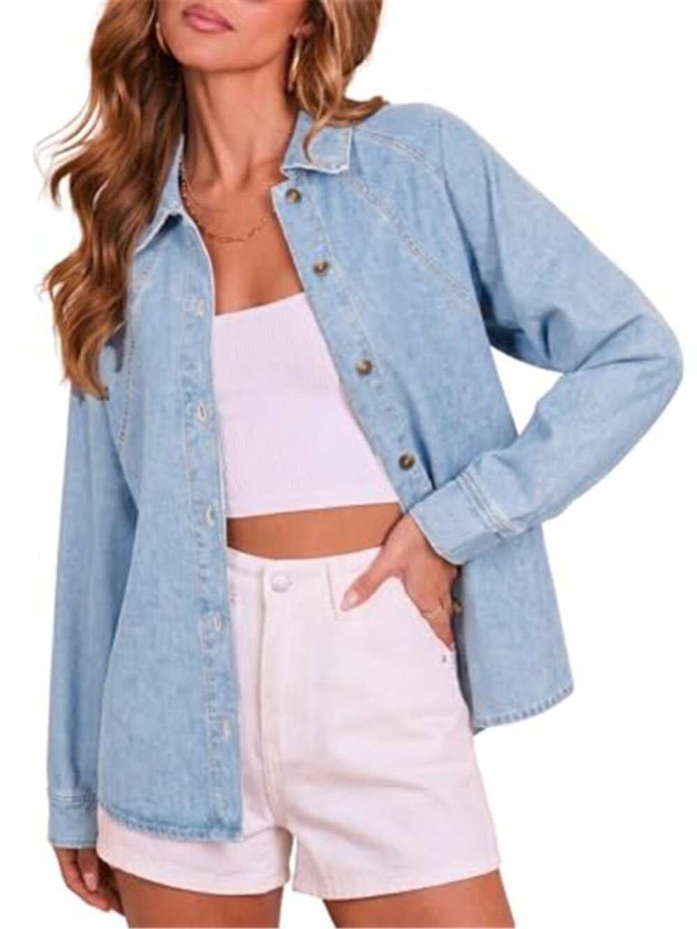 Women's Denim Shirt Button Down Long Sleeve Oversized Seam Panel Denim Top